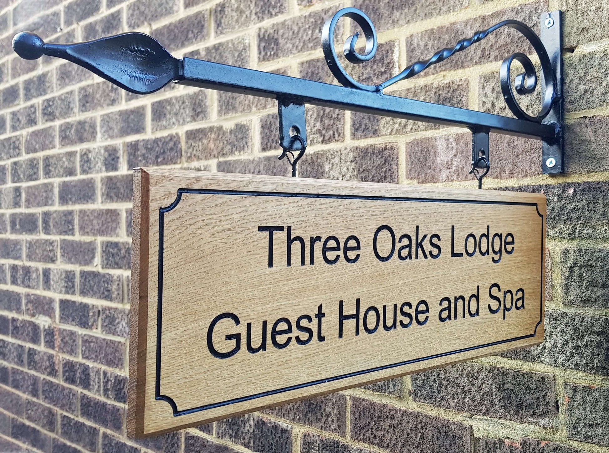 Oak and Wrought Iron Wall Hanging Signs