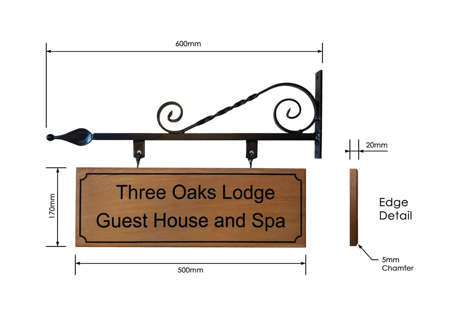 Oak and Wrought Iron Hanging Sign Dimensions